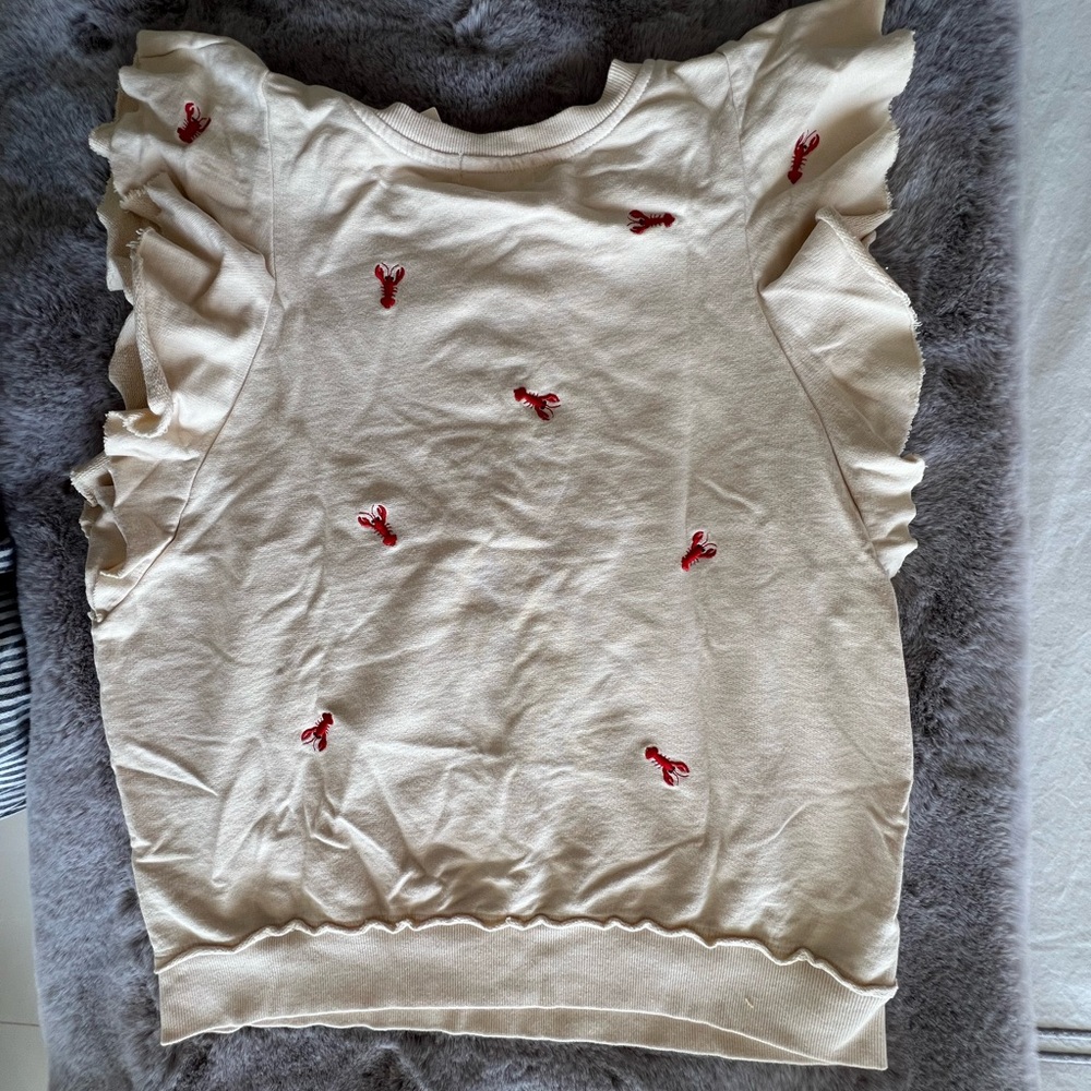 NWT Anthropologie Lobster Sleeveless Ruffle Beige Sweatshirt Size Large - Picture 5 of 6